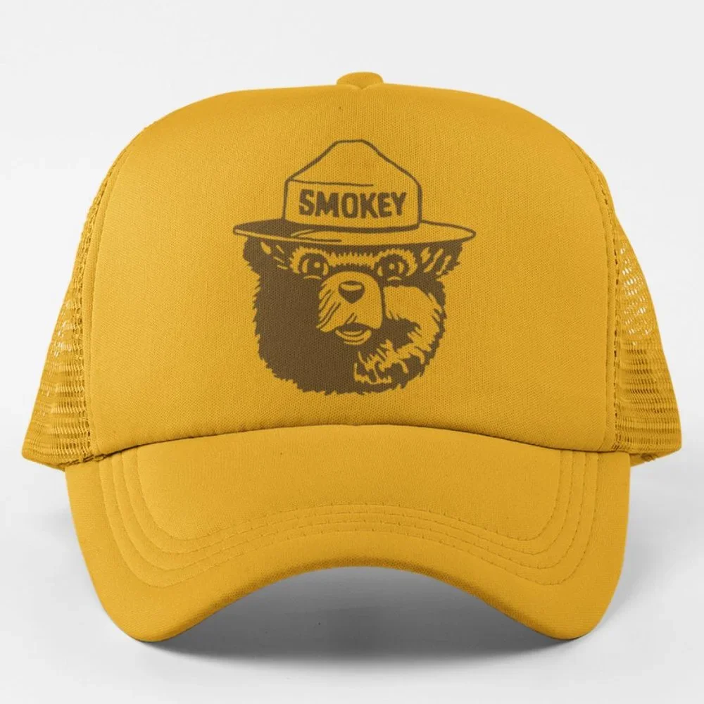 NEW Smokey the Bear Head Face Foam Trucker Mesh Snapback Hat GOLDEN YELLOW